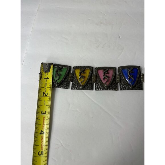 Vintage Multi-Color Panel Bracelet With Art Nouveau Enamel Shield Design & Brass